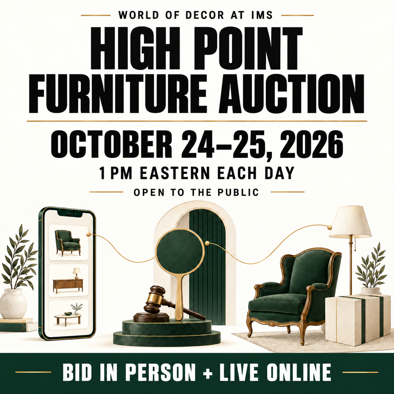 Green furniture illustration announcing the World of Decor at IMS public auction: October 24–25, 2026, at 1 PM Eastern each day, in person and live online