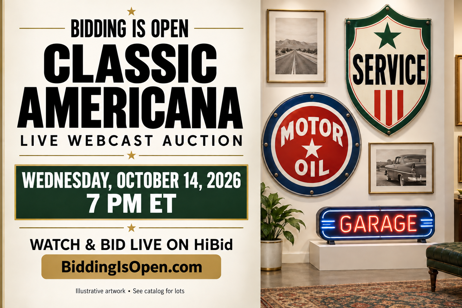 Classic Americana live webcast auction: Wednesday, October 14, 2026 at 7 PM ET on HiBid. Illustrated display of complete reproduction signs.